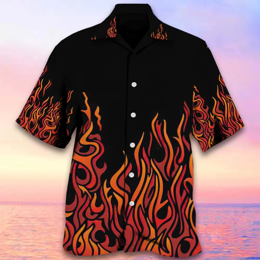 MEN's Hawaii Shirts Fire Flame 3 D Print Shirts Men Women Fashion Oversized Blouse Men's Lapel Shirt Beach Camisas Men's Clothin
