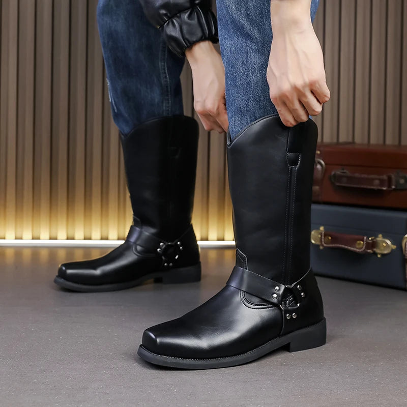 Men's Leather Boots with Embroidered Retro Motorcycle Boot Sleeve, Wide-Top Western Cowboy Boots