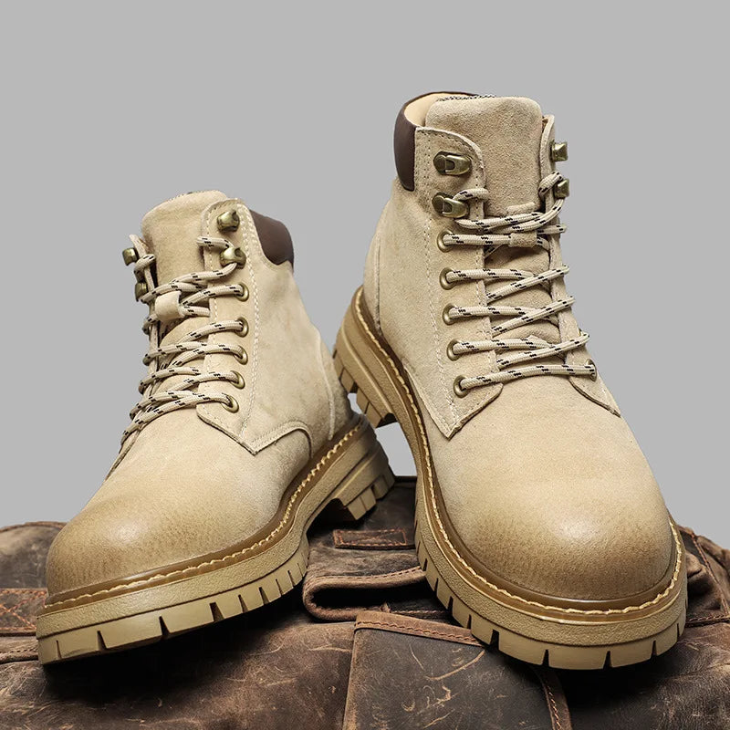 Retro High Top Sneakers Mens Short Tooling Workwear Boots Genuine Leather Lace Up Men's Outdoor Casual Mountaineering Boots