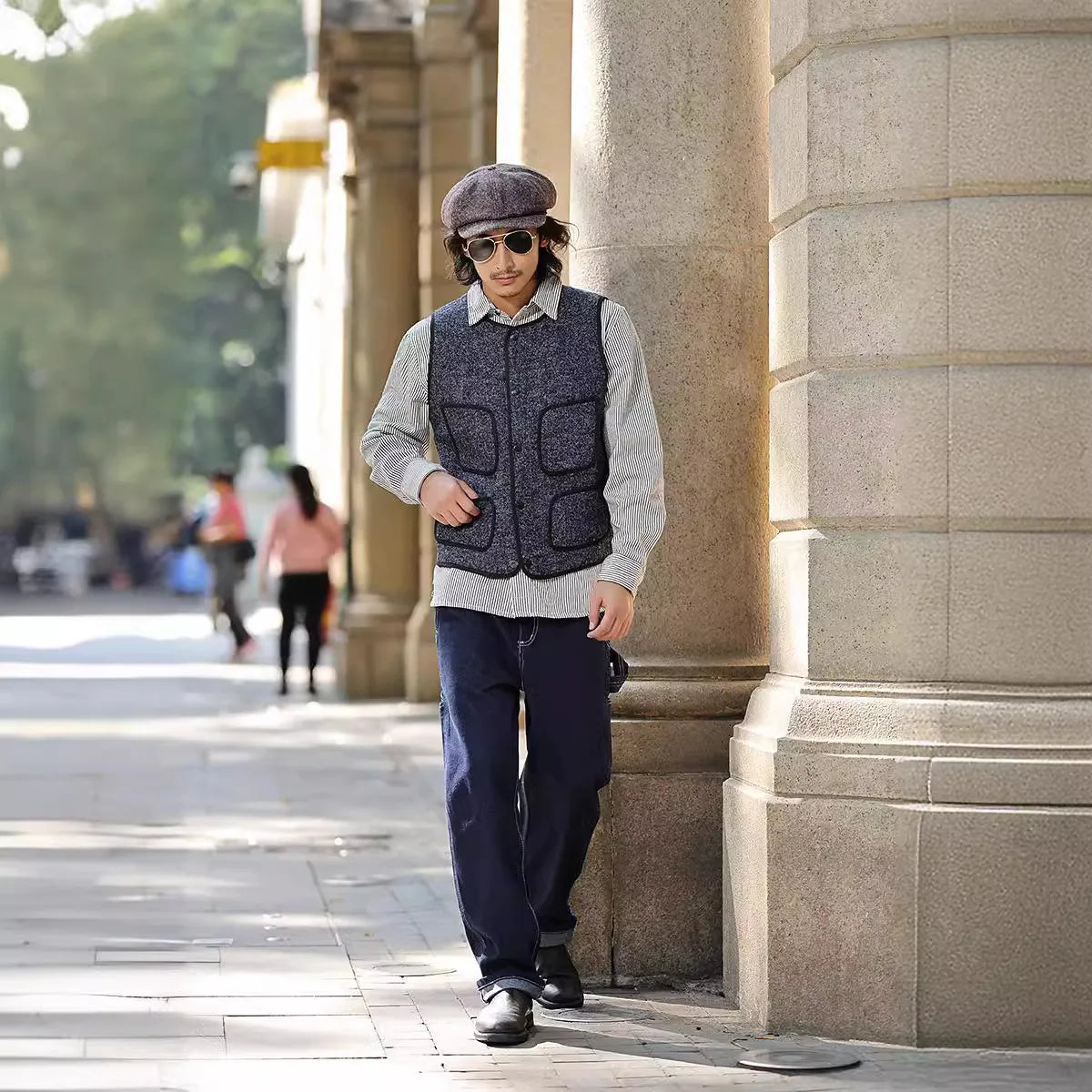 American Vintage Raw Denim Rail Worker Jeans - Americana Multi-Pocket Striped Work Pants / Outdoor Utility Trousers OKONKWO