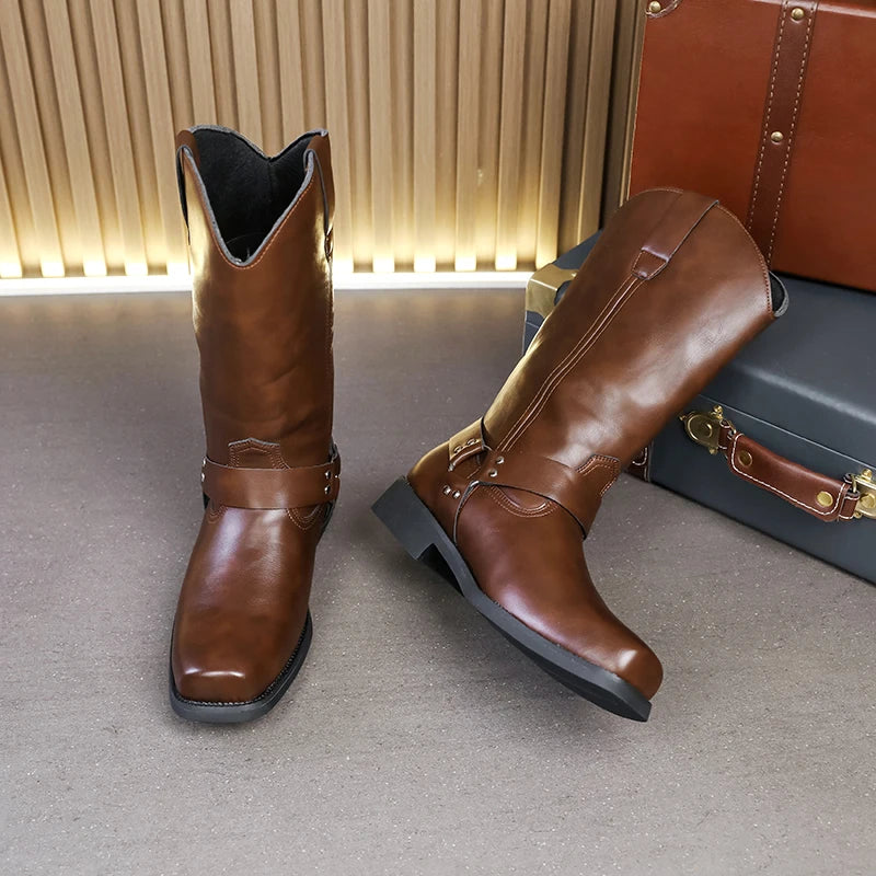Men's Leather Boots with Embroidered Retro Motorcycle Boot Sleeve, Wide-Top Western Cowboy Boots