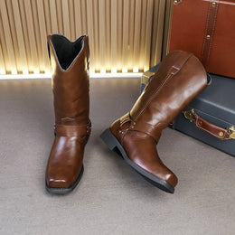 Men's Leather Boots with Embroidered Retro Motorcycle Boot Sleeve, Wide-Top Western Cowboy Boots