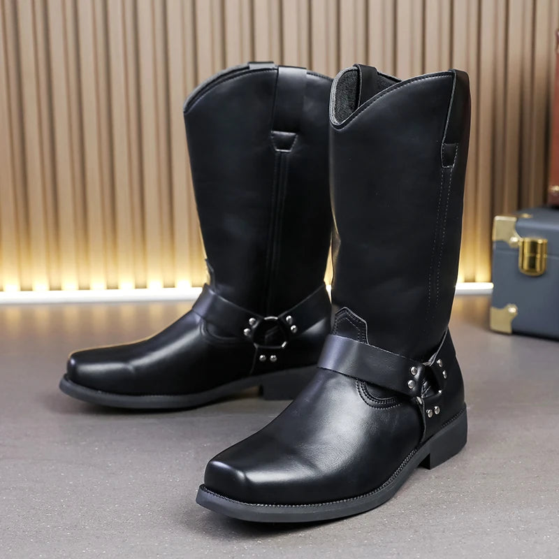 Men's Leather Boots with Embroidered Retro Motorcycle Boot Sleeve, Wide-Top Western Cowboy Boots