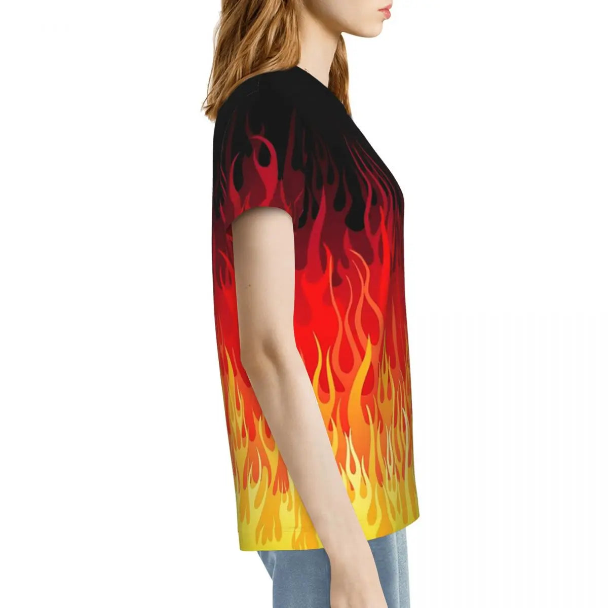 Red Hot Rod Flame On Edge Black Background T-Shirt Women Short Sleeve T Shirts Round Neck Streetwear Cotton Summer Tees