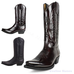 Ladies Classic Western Cowboy Mid Calf Boots Wing Floral Embroidered Pointed Toe Pull On Vintage Boots For Festival Street Wear