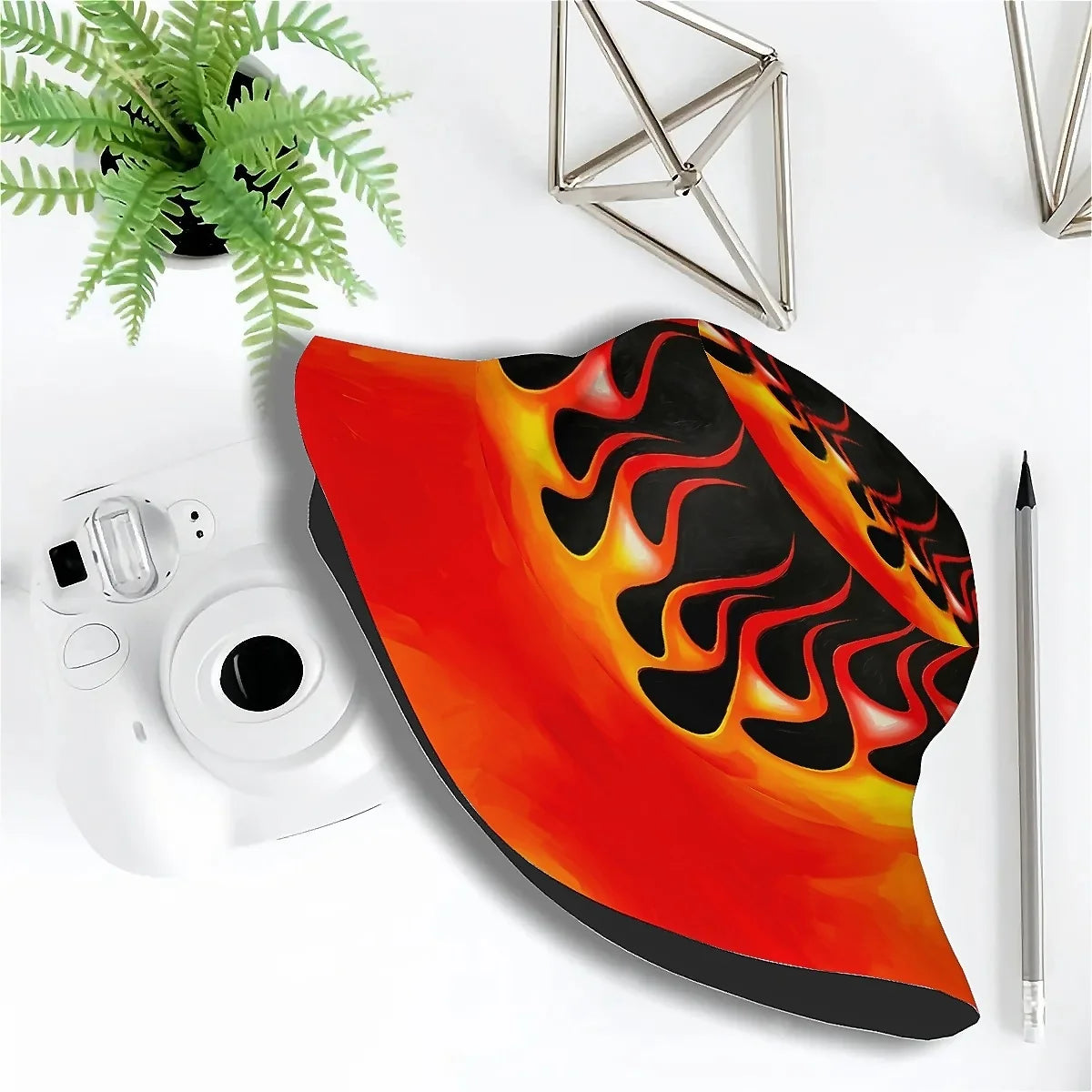 1pcs Classic Hot Rod Flame Red Orange Black Fire Pattern Unisex Printed Fisherman Hat Stylish Hat with Fun Personalty