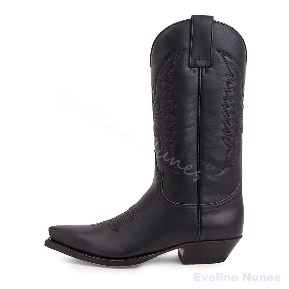 Ladies Classic Western Cowboy Mid Calf Boots Wing Floral Embroidered Pointed Toe Pull On Vintage Boots For Festival Street Wear