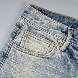 Amekaji Lightweight American Vintage Red Selvedge Distressed Washed Slim Straight Commuter Denim Jeans for Men