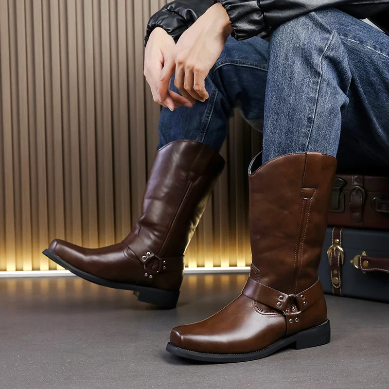 Men's Leather Boots with Embroidered Retro Motorcycle Boot Sleeve, Wide-Top Western Cowboy Boots