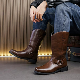 Men's Leather Boots with Embroidered Retro Motorcycle Boot Sleeve, Wide-Top Western Cowboy Boots