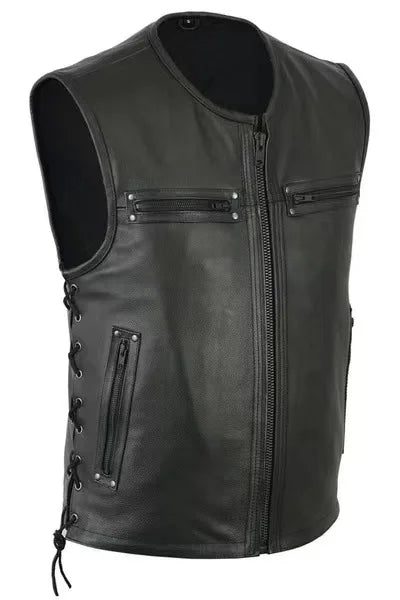 Men PU Riding Vest windproof Solid Color zipper up Vest Motorcycle Stand Collar Leather Vest Team Punk