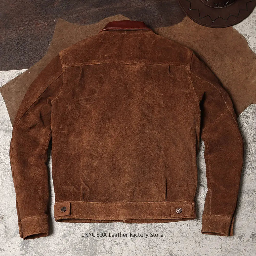 Men Vintage American Retro Washed Real Leather Jacket Amekaji Nubuck Cowhide 506 Genuine Leather Coat