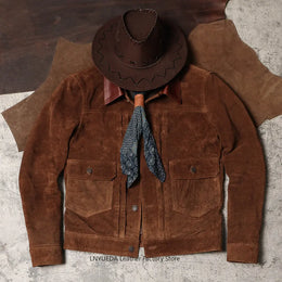 Men Vintage American Retro Washed Real Leather Jacket Amekaji Nubuck Cowhide 506 Genuine Leather Coat
