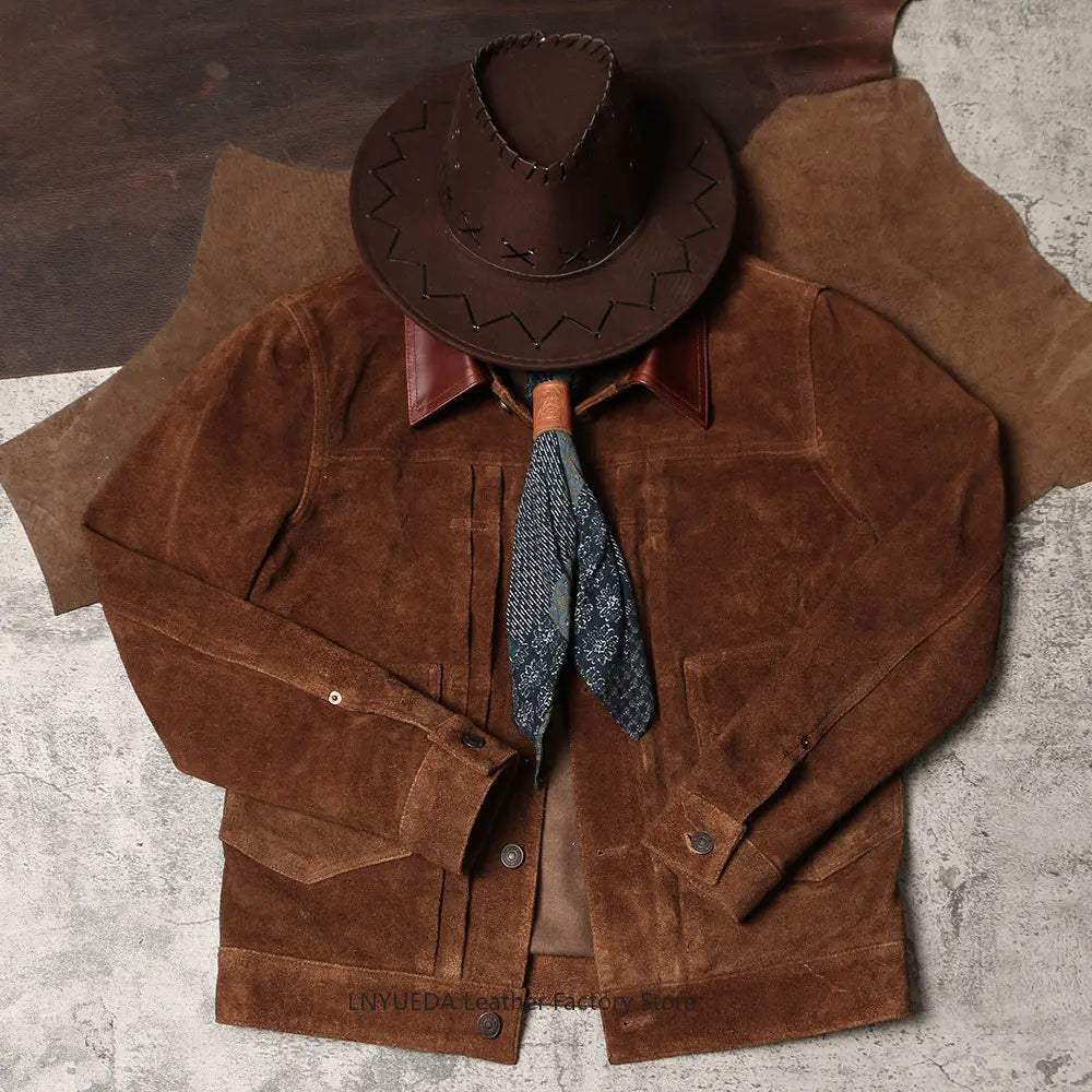 Men Vintage American Retro Washed Real Leather Jacket Amekaji Nubuck Cowhide 506 Genuine Leather Coat
