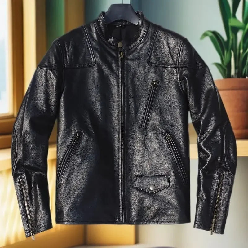 Genuine Cowhide Jacket for Men Streetwear 2026 Spring Classic Stand Collar Leather Jacket, Short Slim Fit Biker Style,