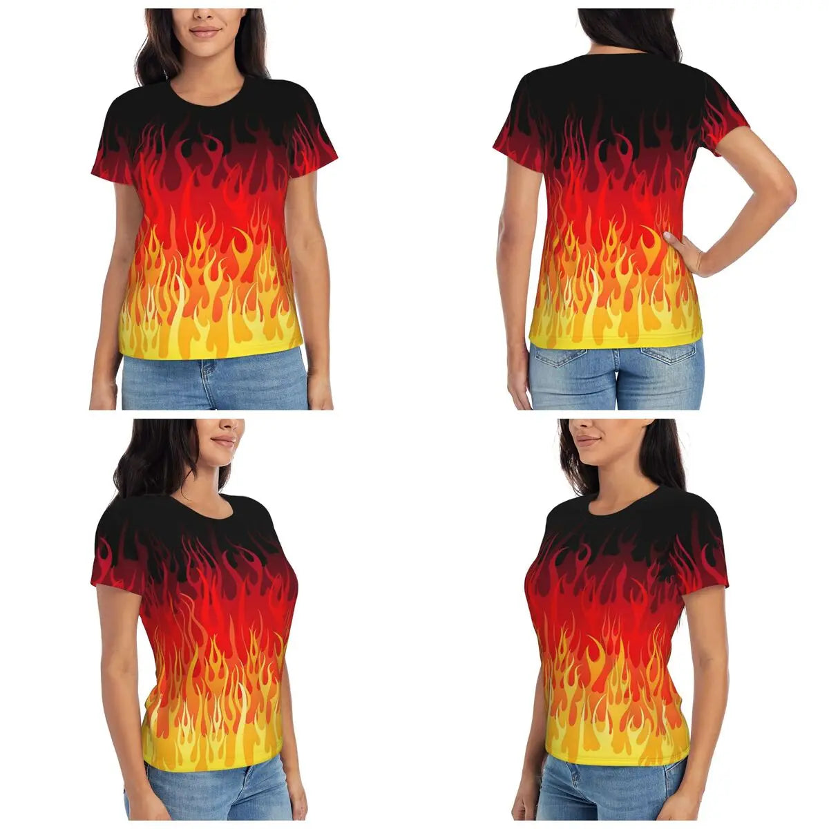 Red Hot Rod Flame On Edge Black Background T-Shirt Women Short Sleeve T Shirts Round Neck Streetwear Cotton Summer Tees