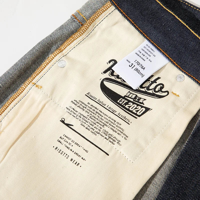 Amekaji Japanese Retro Selvedge Raw Denim Jeans for Fading 13oz 100% Cotton Printed Regular Tapered Fit Straight Pants for Men