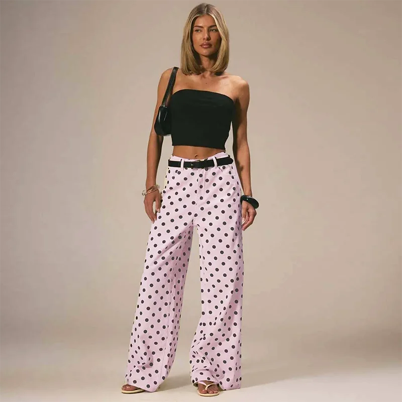 New Women Fashion Polka Dot Jeans Button High Rise Cute Y2k Baggy Straight Wide Leg Boyfriend Denim Long Pants Causal Streetwear