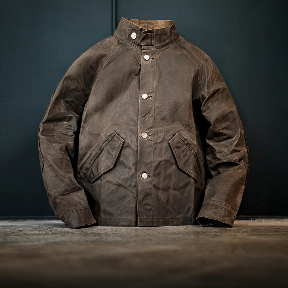 Maden Vintage Stand Collar Oil Waxed Jacket Ⅲ Version for Men's Waterproof Canvas Solid Color Classic Hunting Coat for Autumn