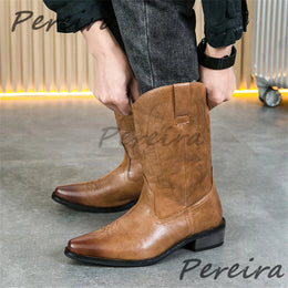 Summer New Embroidered Western Cowboy Boots for Men Fashion Pointed Toe Mid-Heel Slip-On Knight Boots Outdoor Male Casual Shoes