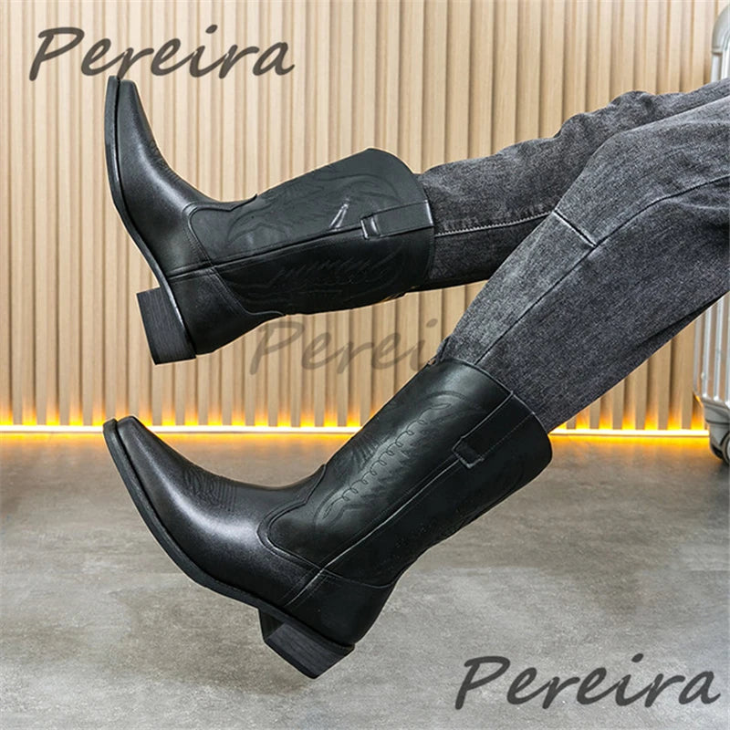 Summer New Embroidered Western Cowboy Boots for Men Fashion Pointed Toe Mid-Heel Slip-On Knight Boots Outdoor Male Casual Shoes