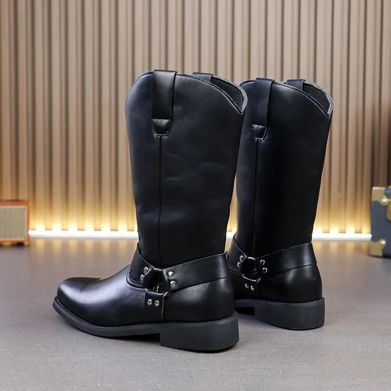 Men's Leather Boots with Embroidered Retro Motorcycle Boot Sleeve, Wide-Top Western Cowboy Boots