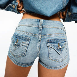 Vintage Washed Skinny Denim Hot Shorts Low Waist Double Stitch Seam Back Triangle Flap Pocket Daily Club Wear Shorts