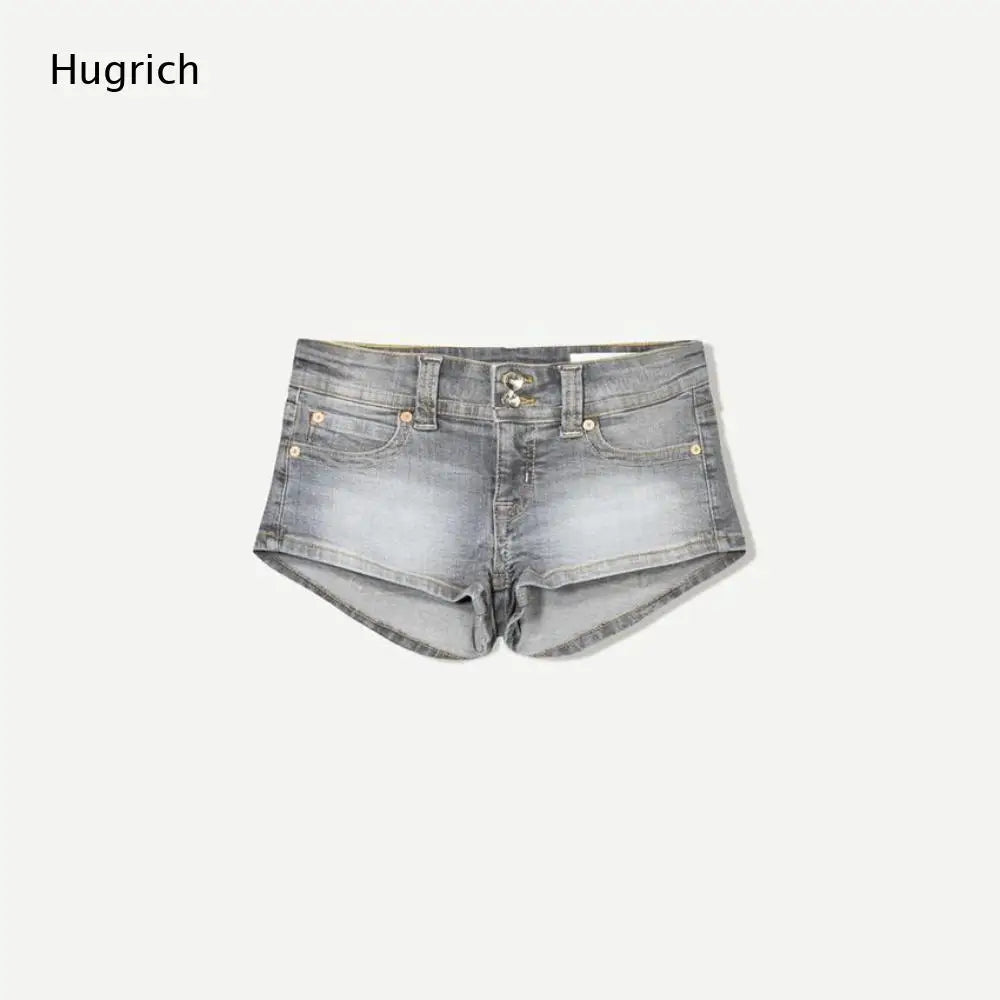 Vintage Washed Skinny Denim Hot Shorts Low Waist Double Stitch Seam Back Triangle Flap Pocket Daily Club Wear Shorts
