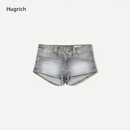 Vintage Washed Skinny Denim Hot Shorts Low Waist Double Stitch Seam Back Triangle Flap Pocket Daily Club Wear Shorts