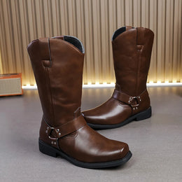 Men's Leather Boots with Embroidered Retro Motorcycle Boot Sleeve, Wide-Top Western Cowboy Boots
