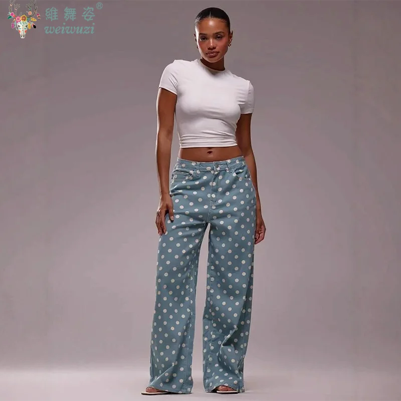 New Women Fashion Polka Dot Jeans Button High Rise Cute Y2k Baggy Straight Wide Leg Boyfriend Denim Long Pants Causal Streetwear