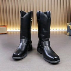 Men's Leather Boots with Embroidered Retro Motorcycle Boot Sleeve, Wide-Top Western Cowboy Boots