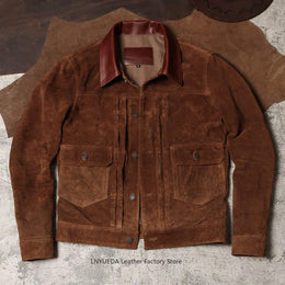 Men Vintage American Retro Washed Real Leather Jacket Amekaji Nubuck Cowhide 506 Genuine Leather Coat