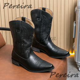 Summer New Embroidered Western Cowboy Boots for Men Fashion Pointed Toe Mid-Heel Slip-On Knight Boots Outdoor Male Casual Shoes
