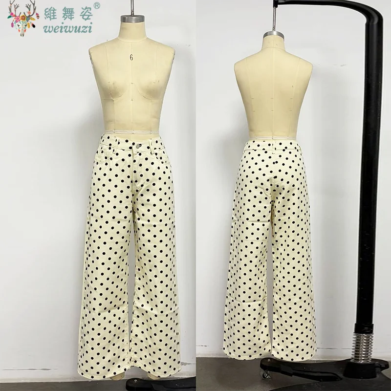 New Women Fashion Polka Dot Jeans Button High Rise Cute Y2k Baggy Straight Wide Leg Boyfriend Denim Long Pants Causal Streetwear