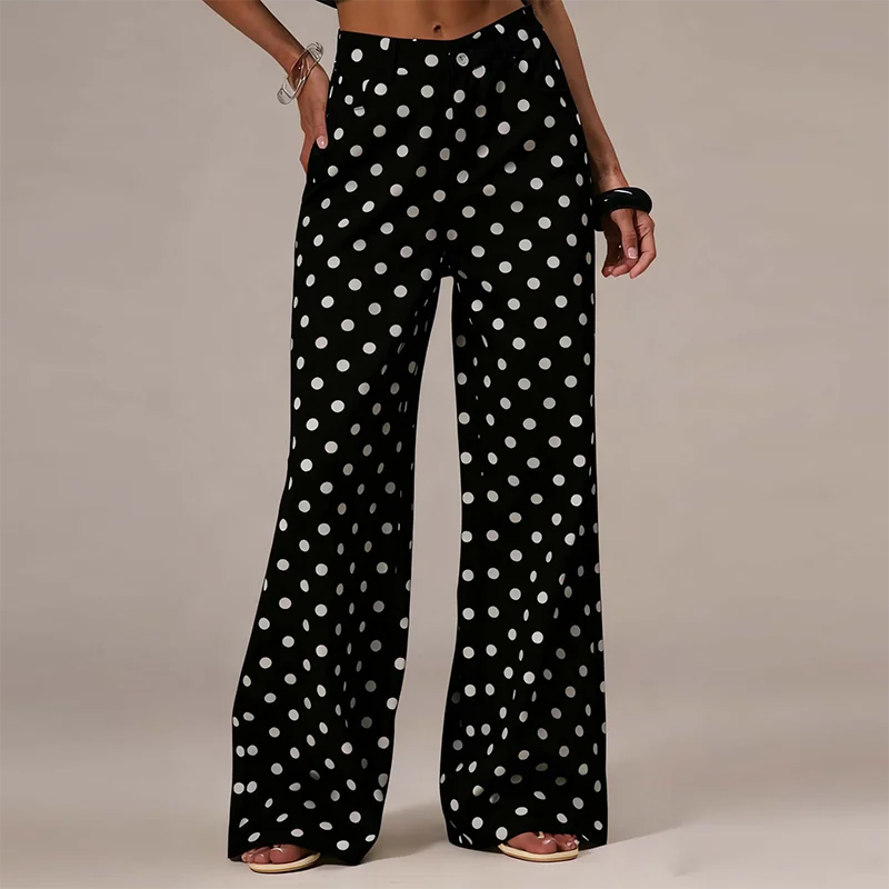 New Women Fashion Polka Dot Jeans Button High Rise Cute Y2k Baggy Straight Wide Leg Boyfriend Denim Long Pants Causal Streetwear