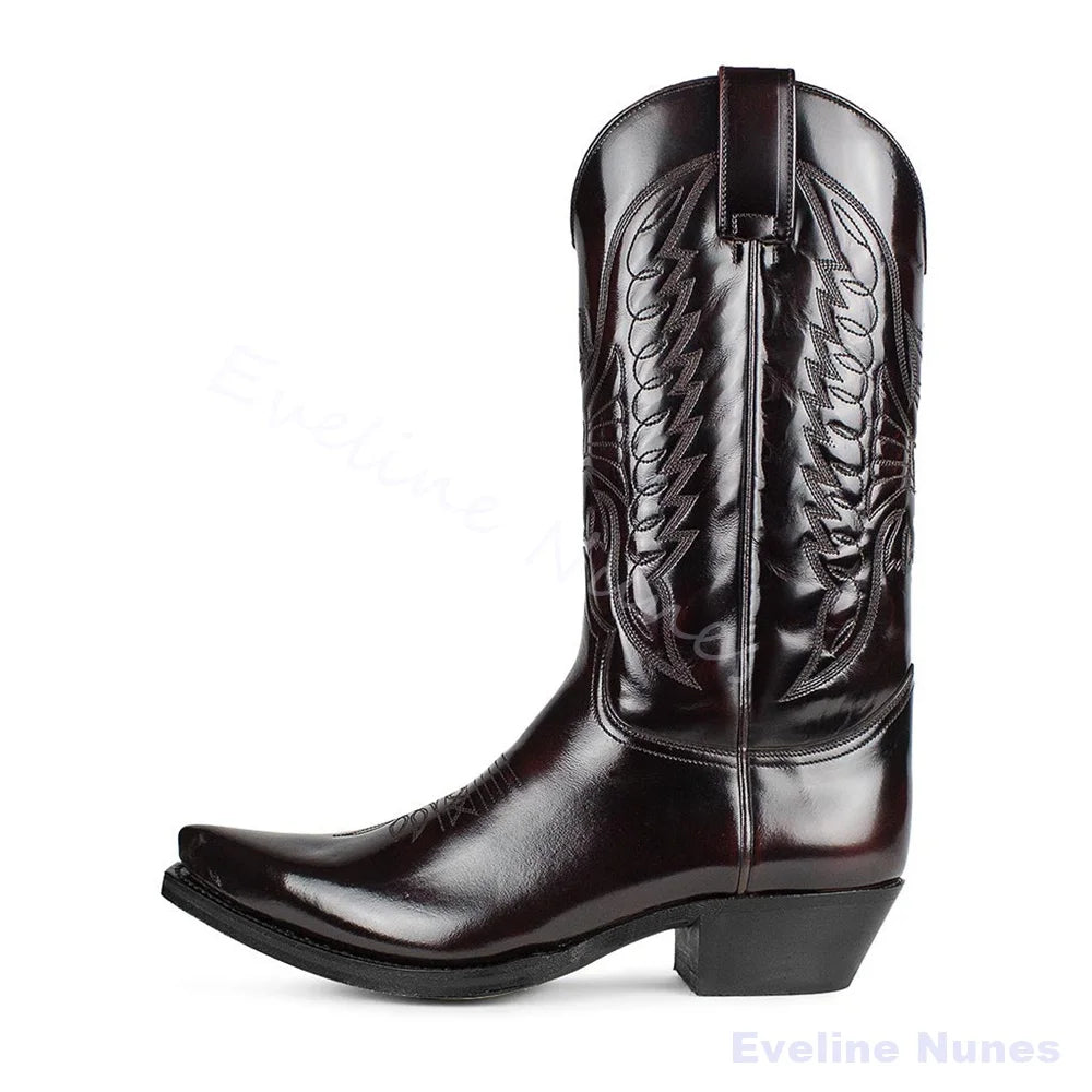 Ladies Classic Western Cowboy Mid Calf Boots Wing Floral Embroidered Pointed Toe Pull On Vintage Boots For Festival Street Wear