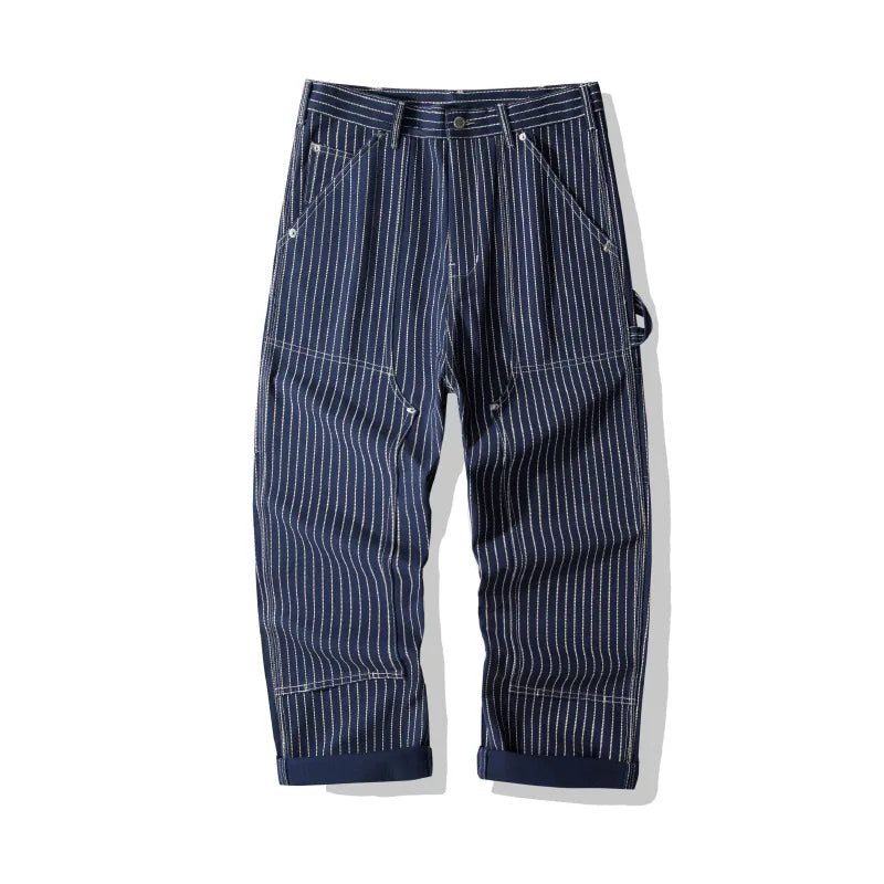 100% Cotton 12oz Vintage Men's 01 Lumberjack Work Pants - Amekaji Wabash Striped Denim Overalls / Canvas Work Trousers OKONKWO