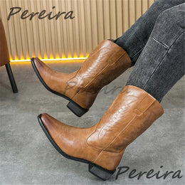 Summer New Embroidered Western Cowboy Boots for Men Fashion Pointed Toe Mid-Heel Slip-On Knight Boots Outdoor Male Casual Shoes