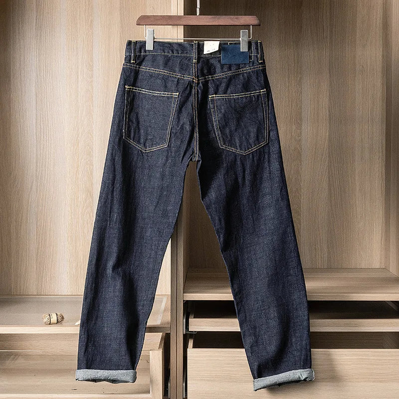 15oz Japanese Raw Blue Selvedge Denim Washed Jeans for Men Amekaji Vintage Casual Pants 100% Cotton Loose Straight-Leg Trousers