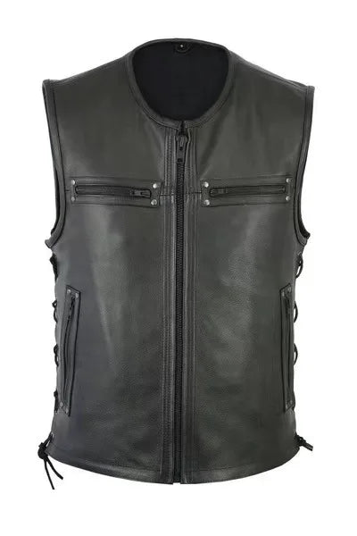 Men PU Riding Vest windproof Solid Color zipper up Vest Motorcycle Stand Collar Leather Vest Team Punk