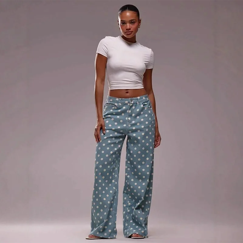 New Women Fashion Polka Dot Jeans Button High Rise Cute Y2k Baggy Straight Wide Leg Boyfriend Denim Long Pants Causal Streetwear