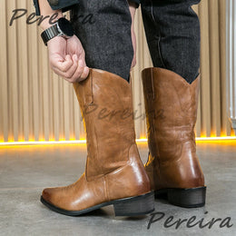 Summer New Embroidered Western Cowboy Boots for Men Fashion Pointed Toe Mid-Heel Slip-On Knight Boots Outdoor Male Casual Shoes