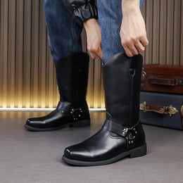 Men's Leather Boots with Embroidered Retro Motorcycle Boot Sleeve, Wide-Top Western Cowboy Boots