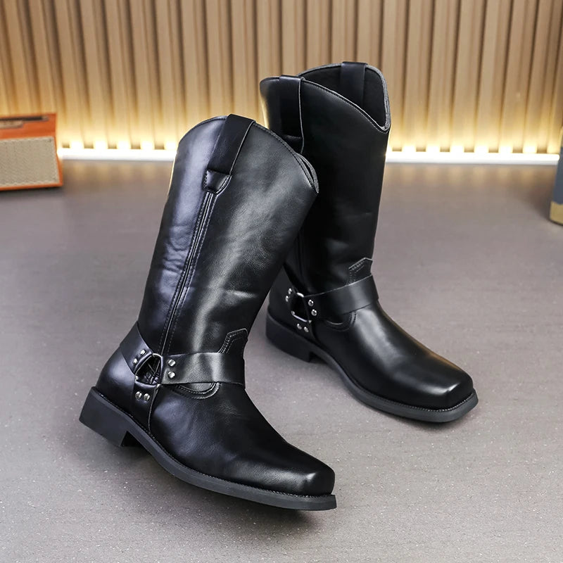 Men's Leather Boots with Embroidered Retro Motorcycle Boot Sleeve, Wide-Top Western Cowboy Boots