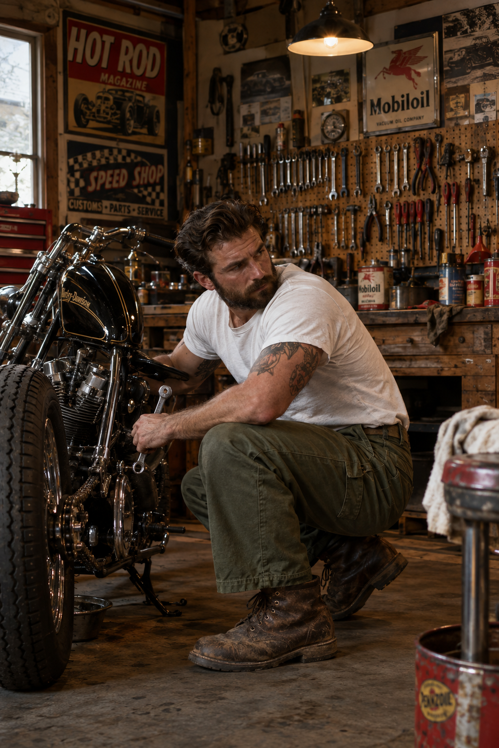 Biker i olivgröna OG-107 baker pants i ett retro-garage med verktyg och motorcykel