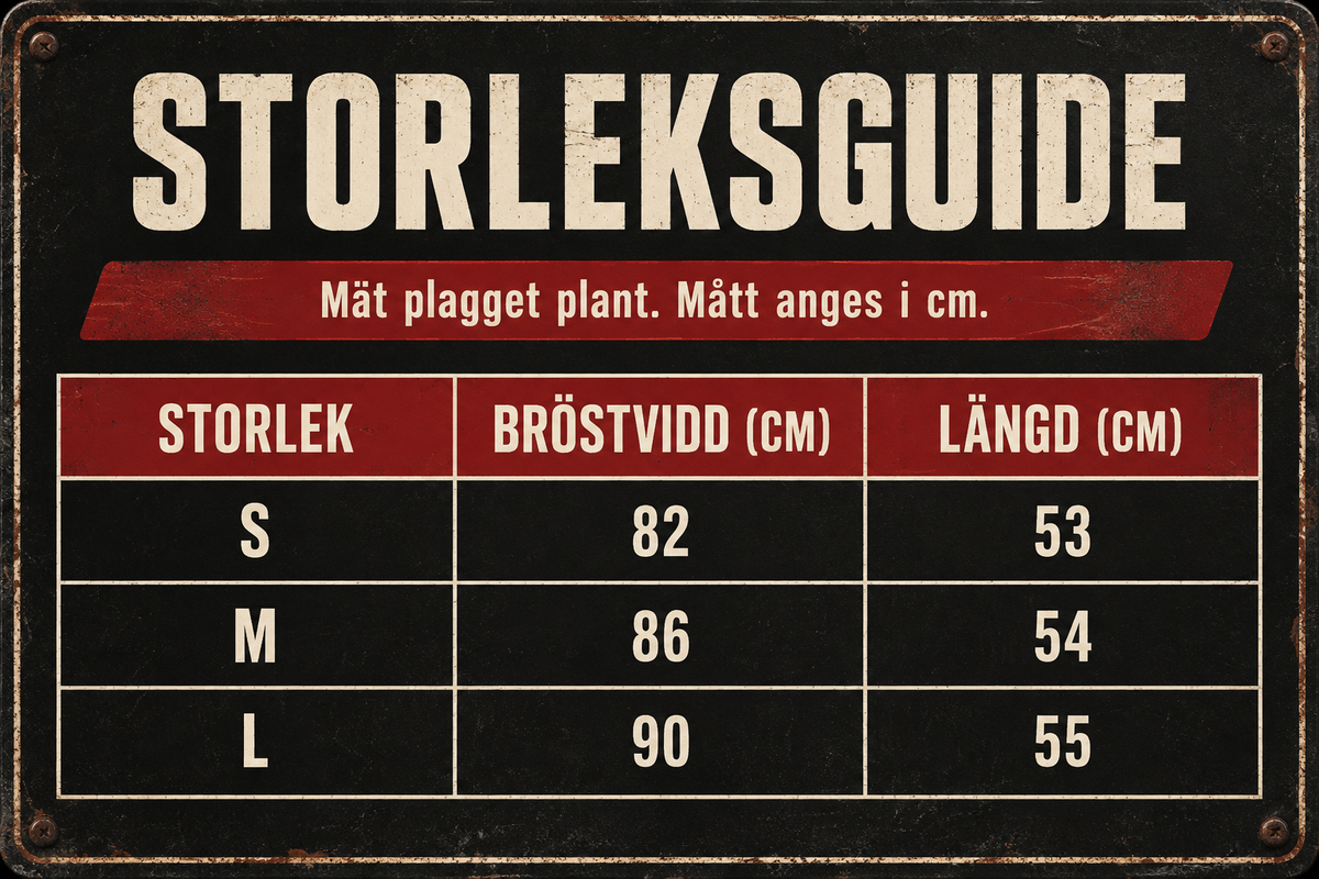Storleksguide i cm för svart och vit damtop, storlek S till L