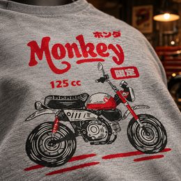 Närbild på handritad biker-grafik och bomullstyg på t-shirt