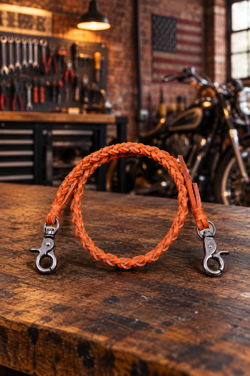 Flätat orange koppel med metallhakar mot retro verkstadsbakgrund