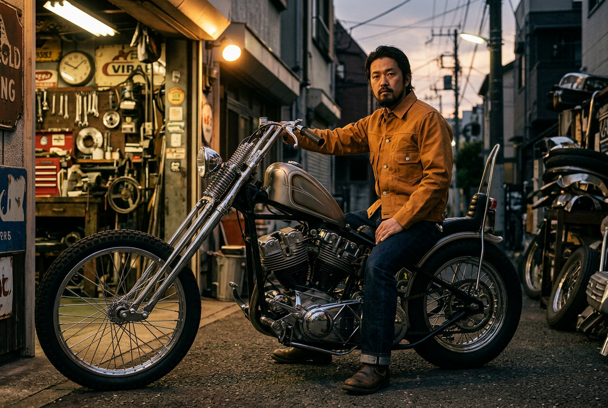 Japansk biker på HD-chopper med brun Sugar Cane Type 2-jacka
